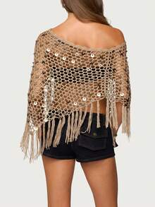 Women Sequin Knit Poncho Fringe Hem Off Shoulder See-Through Crochet Cape Sheer Shrug Lightweight Beach Cover Ups - 棕色 - 查看 3