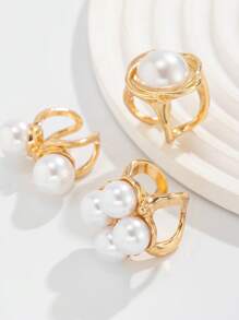 8 件/3 件复古优雅时尚夸张波西米亚风格仿珍珠金属纽扣几何线条环绕戒指套装，个性化奢华高端指节戒指适合男女，度假，派对，婚礼，日常佩戴，多功能珠宝 - 金黃色 - 查看 5