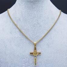 Stainless Steel Colored Gemstone Cross Father Saint Benedict Exorcism Necklace Pendant Men's Catholic Religious Lucky Jewelry