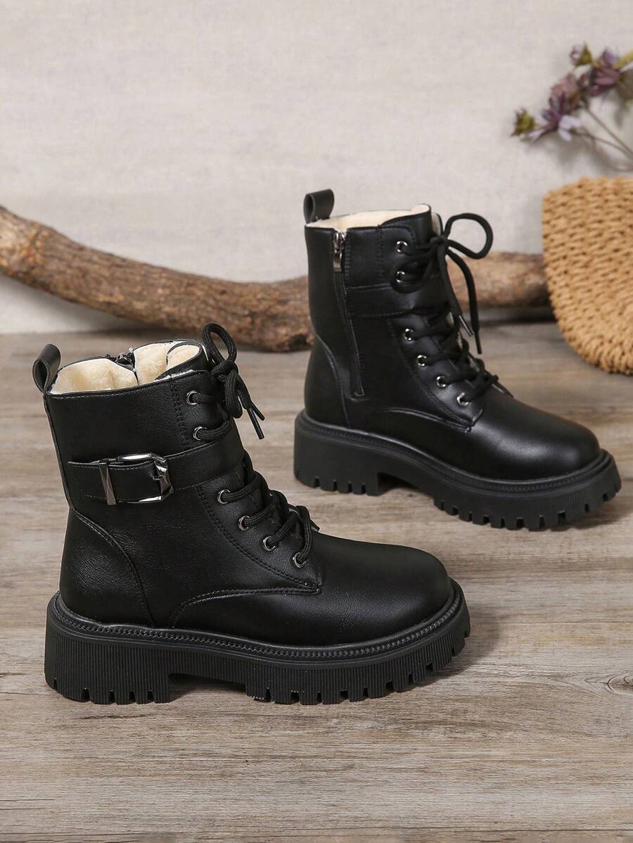 2025 New Autumn/Winter Women Boots, Fashion Versatile Casual Boots, Side Zipper Women Ankle Boots, Lace-Up Women Shoes, Warm Winter Women Boots, Flat Comfortable Women Boots - Black - View 1