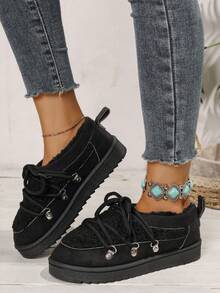 Damen warme Schneestiefel, Lässig Schuhe, neue Samt-Kunstpelz Patchwork Ankle Boots, flache dicke Sohle Schneestiefel für den Winter