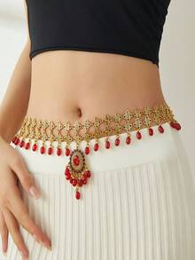 1pc Fashionable & Elegant Colorful Beaded Zinc Alloy Waist Chain, Suitable For Party, Beach Holiday, South Asian Style
