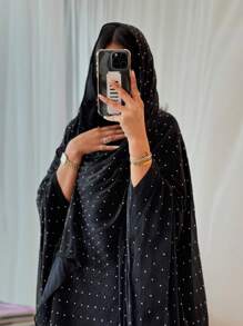 2pcs Modest Middle Eastern Dubai Rhinestone Embellished Long Robe With Headscarf Set, Abaya - Black - View 4