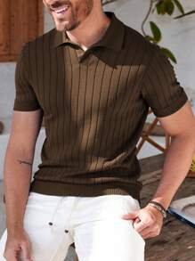 Men Solid Casual Polo Neck Short Sleeves Ribbed Knit Top
