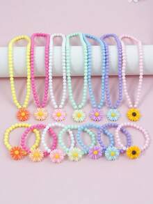 14pcs Multicolor Daisy Pendant Necklace, Charm Beaded Bracelet Set, Suitable For Holiday Party, Birthday Gift, Daily Wear