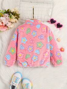 女童彩色花卉图案立领拉链保暖毛绒夹克，配有松紧袖口和下摆，适合春、秋、冬季