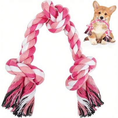 1 Small And Medium Sized Natural Dog Bite Rope Toy - Durable 14 Inch Tug Of War Toy With Pink And White Knots, Teeth Cleaning Care Catch&Puppy Teeth Grinding Gift, Interactive Dog Chewing Toy, Dog Training Bite Rope Wear Resistant