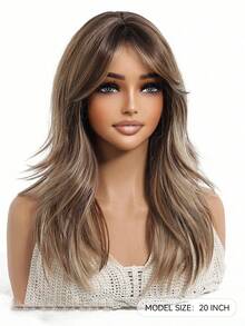 This 20-Inch Long, Wavy Brown Synthetic Wig With Long Curly Blonde Hair In The Middle Is A Cosplay Wig For Women's Daily Gatherings. It Is Suitable For Daily Wear During Holidays, Travels, Family Gatherings, And As A Gift For Halloween And Christmas - 挑染棕色 - 查看 4