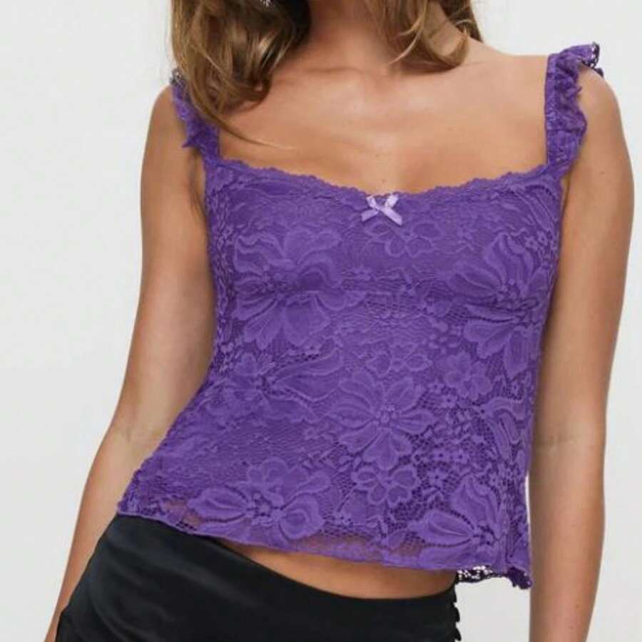 Women's Summer Slim Fit Cami Tops Sleeveless Open Back Low Cut Lace Floral Tanks - 紫色 - 查看 1