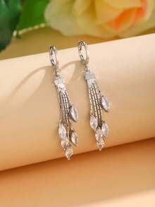 2pcs Fashionable & Elegant Long Colored Cubic Zirconia Earrings, Birthday Gift Jewelry - Leaf - View 4