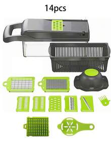 14 peças/16 peças Conjunto Multifuncional de Picador e Fatiador de Vegetais, Picador de Alimentos, Cortador de Vegetais Ajustável com Recipiente, Fatiador de Frutas, Fatiador de Vegetais Multifuncional, Raspador de Batata, Fatiador de Batata e Cebola, Fatiador de Rabanete, Fatiador de Salada, Picador de Alho, Fatiador, Utensílios de Cozinha, Adequado para Fatiar, Ralar e Cortar Vegetais e Frutas