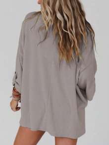 Plus Women's Solid Color Pocket Loose V-Neck T-Shirt - Grey - View 3