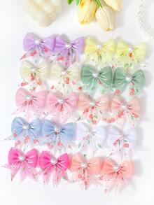 10入日系糖果色心形珍珠蝴蝶結髮夾，薄紗緞帶櫻花印花公主風女童髮飾 - 彩色 - 查看 4