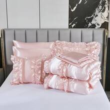 8 Pieces Black Satin Comforter Set King Size With Sheet Set Luxurious Soft And Silky Comforter Set Farmhouse Style Black Rufle Fringe Design Boho Comforter Silk Like Satin Bedding Set - 淺粉色 - 查看 10
