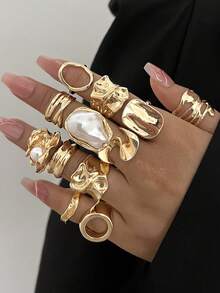 14/12/3pcs Set Asymmetrical Shaped Faux Pearl Flower, Geometric, Liquid, Round, Hollow, Multilayer Metal Textured Rings, Oversized, Chunky, Fashionable, Elegant, Vintage, Suitable For Holiday, Party, Date, Gift, Daily Wear - Yellow Gold - View 13