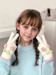 1 Pair Kids Winter Full Finger Gloves, Girls Warm Thermal Lined Thick Windproof Knitted Mittens For Outdoor Snow Play, Suitable For 6-12 Years Old - Cherry Full Finger Gloves - View 7