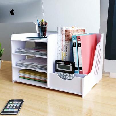 4Tier Office White Desktop Organizer Paper File Rack With Vertical Horizontal File Holder All In One Supplies Storage Box Mail Sorter On Desk Tabletop Binder Folder Letter Trays Study Home