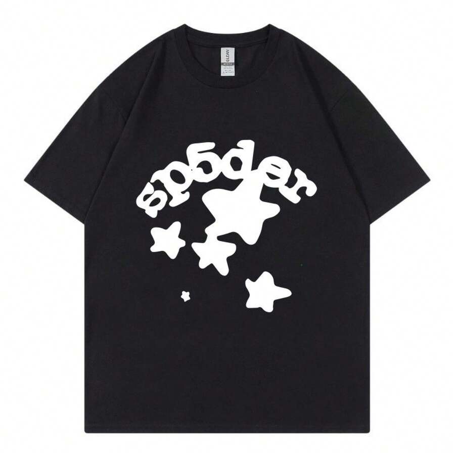 SP5DER 2025 Summer New Simple T-Shirt, 100 Percent Cotton Loose Comfortable Tees, Graphic T Shirts With  SP5DER Letters And Stars, Simple Fashion - 黑色 - 查看 1