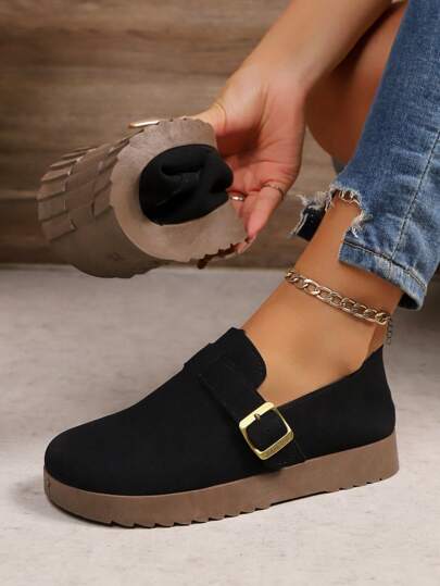 Women's Retro Flat Loafers, Fashion Buckle Design, Round Toe Casual Soft Bottom Slip-On Flats, Lightweight Versatile Flats For Spring And Autumn