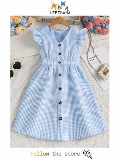 Left Mama Tween Girl' Fresh Striped Cap Sleeve V-Neck Cinched Waist Dress, Summer
