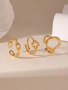 GEREIT Bộ 3 chiếc nhẫn tròn rỗng bằng thép không gỉ 18K họa tiết hoa, thích hợp cho nữ đeo hàng ngày, quà tặng Ngày của Mẹ. - Vàng - Xem 2