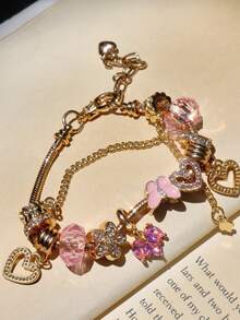 1 chiếc vòng tay trái tim cổ điển, vòng tay trái tim màu hồng, vòng tay trái tim hoa bướm, vòng tay quà tặng trái tim - Vàng - Xem 5