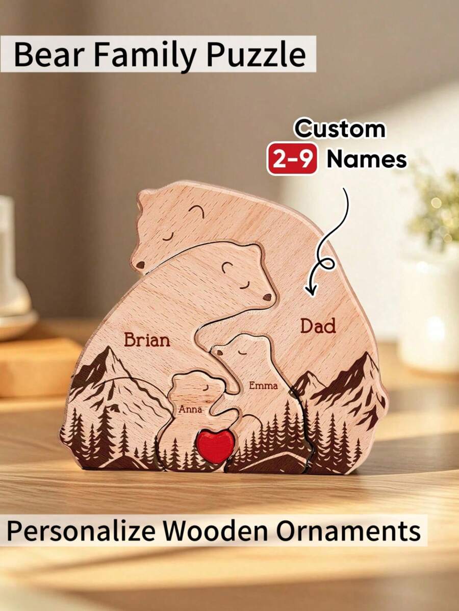 1 件定制木制熊，带有名字，个性化木制，带有 2-9 个名字，雕刻木制熊家庭拼图，礼品盒中的动物雕像，非常适合周年纪念日，家居装饰装饰品以及送给妈妈、爸爸的生日礼物，乔迁贺礼