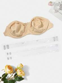 Women Beige Plus Size Unlined Underwire Bra Strapless Backless Invisible Underwear - Beige - View 4