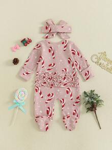 Newborn Baby Girl Christmas Romper Footie Gingerbread Candy Cane Long Sleeve Footed Jumpsuit Headband - Pink - View 5