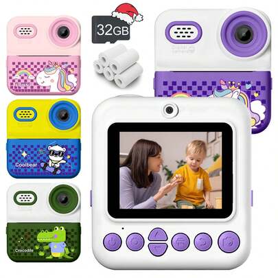 儿童即时打印数码相机玩具，配备180°旋转自拍镜头 - 内置锌纸打印机，趣味音乐播放器和音效 | 2.4英寸液晶触摸屏，支持1080P高清视频和16倍变焦 | 适合3-12岁男孩女孩的创意旅行摄影玩具 | 完美的生日、圣诞节、节日礼物（粉色/蓝色/紫色）