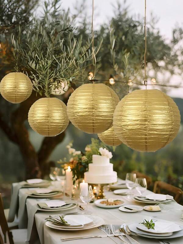 5pcs Gold Paper Lanterns Set, Easy-To-Hang 6", 8", 10" Round Chinese Paper Lanterns For Bridal Showers, Anniversaries & Celebrations, Indoor/Outdoor Decoration