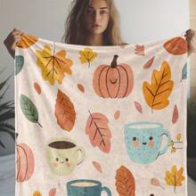 Vintage Autumn-Themed Flannel Throw Blanket With Pumpkin, Coffee Cup, And Leaf Print, Soft Warm Cozy Knitted Polyester Blanket Sofa, Bed, Car, Office, Camping, Travel - All Seasons Blanket280gsm Room Decor Home Essentials Decor Bedroom