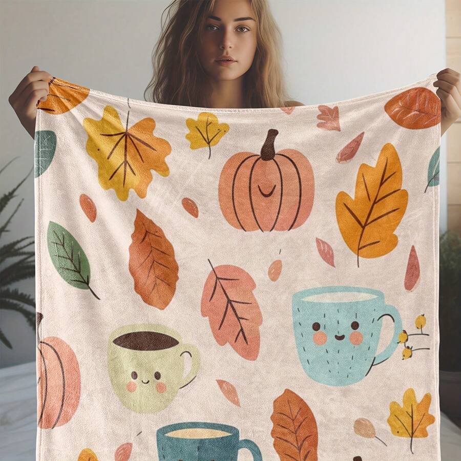 Vintage Autumn-Themed Flannel Throw Blanket With Pumpkin, Coffee Cup, And Leaf Print, Soft Warm Cozy Knitted Polyester Blanket Sofa, Bed, Car, Office, Camping, Travel - All Seasons Blanket280gsm Room Decor Home Essentials Decor Bedroom