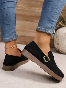 Women's Retro Flat Loafers, Fashion Buckle Design, Round Toe Casual Soft Bottom Slip-On Flats, Lightweight Versatile Flats For Spring And Autumn - Black - View 5