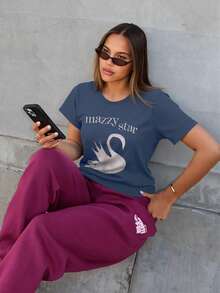 LOVE JOYY Mazzy Star 女士休闲圆领 T 恤，可爱天鹅卡通印花图案，乐队短袖 T 恤，送给她的礼物，复古 90 年代乐队 T 恤，适合所有季节 - 藏蓝色 - 查看 2