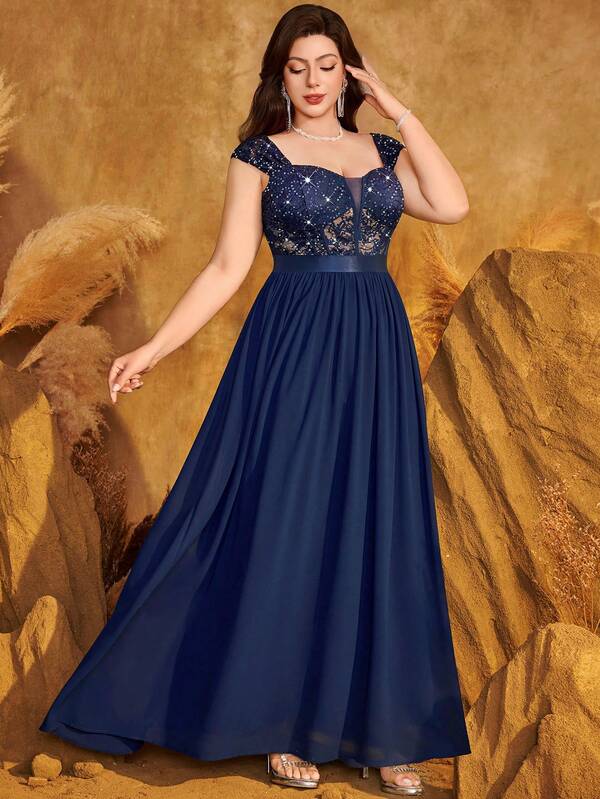 Vestido largo de fiesta formal con cuello en V profundo, inserto de lentejuelas, contraste de encaje y gasa, para baile de graduación, cena, eventos formales