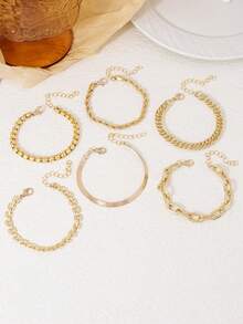 Set de 6 piezas de pulseras minimalistas de estilo punk con cadena de metal, combinación de moda con cuerda, serpiente y diseño retorcido, pulseras multicapa, regalo para mujer para vacaciones/citas, para combinar diariamente - Amarillo Oro - Ver 3