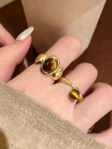 1pc/3pcs Gold Sunflower & Tiger Eye Stone Ring, Unique Design Open Adjustable Ring For Women - Multicolor - View 9