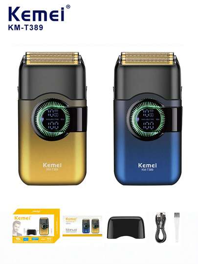 Kemei 1 pieza Afeitadora eléctrica para hombres KM-T389, con pantalla digital, adecuada para recortar el vello facial, afeitadora recíproca recargable profesional, regalo para el novio