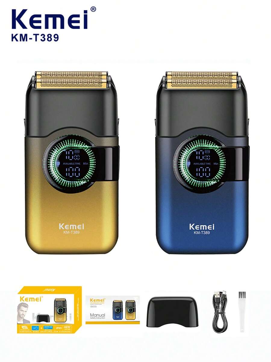 Kemei 1pc KM-T389 Men's Electric Shaver, Digital Display, Suitable For Facial Hair Trimming, Professional Rechargeable Reciprocating Shaver, Gift For Boyfriend