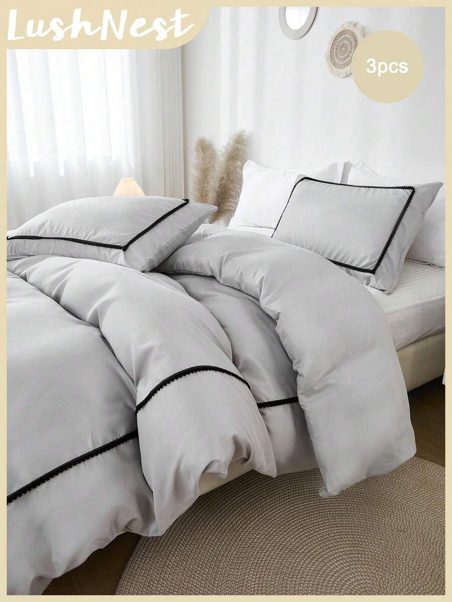 3件套灰色床上用品，饰有蓬松绒球，波西米亚农舍风格，包含1个被套和2个枕套，柔软超细纤维材质，男女通用 - 淺灰色 - 查看 1