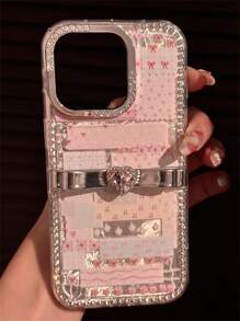 奢华趣味卡通全屏激光猫咪水钻手机壳，适用于 17 Pro Max、16 Pro Max、15 Pro Max、14 Pro Max、13 Pro Max、12 Pro Max、17 Pro、16 Pro、15 Pro、14 Pro、13 Pro、12 Pro、16、15、14、12、13、11，柔软防震后盖 - 拼接蝴蝶結小碎花 - 查看 3