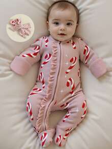 Newborn Baby Girl Christmas Romper Footie Gingerbread Candy Cane Long Sleeve Footed Jumpsuit Headband - Pink - View 3
