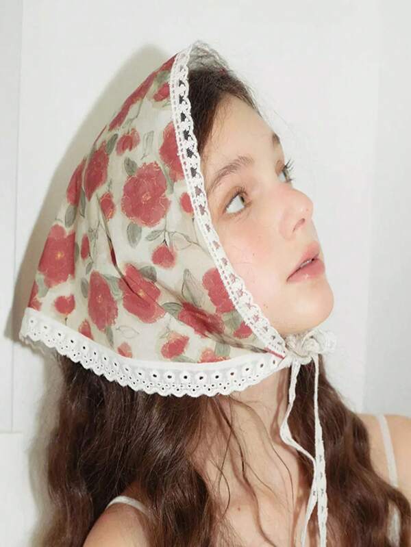 Bandana feminina 1 peça, lenço de cabeça com acabamento em renda floral, estilo campestre para férias na praia, acessórios de cabelo femininos, acessórios de outono