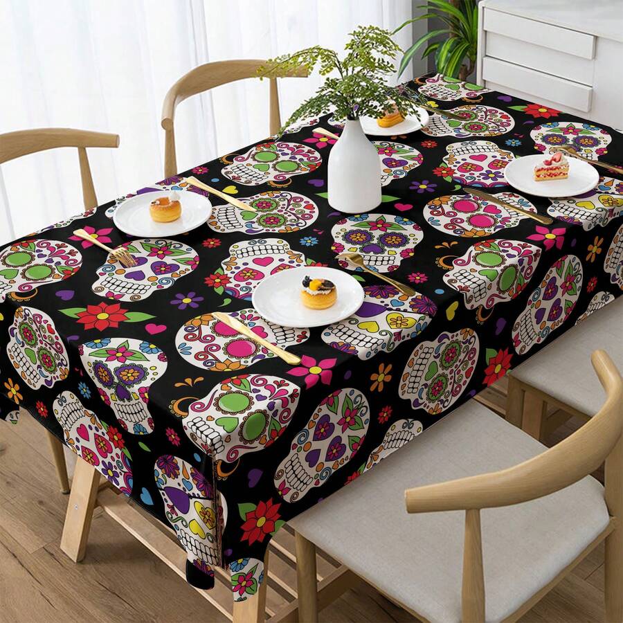 1 件骷髅图案印花桌布 - 万圣节、万圣节礼物、万圣节装饰、100% 涤纶、矩形、编织、适合家庭厨房餐厅、派对晚宴、野餐、约会、婚礼、主题派对、室内和室外使用 - 彩色 - 查看 1