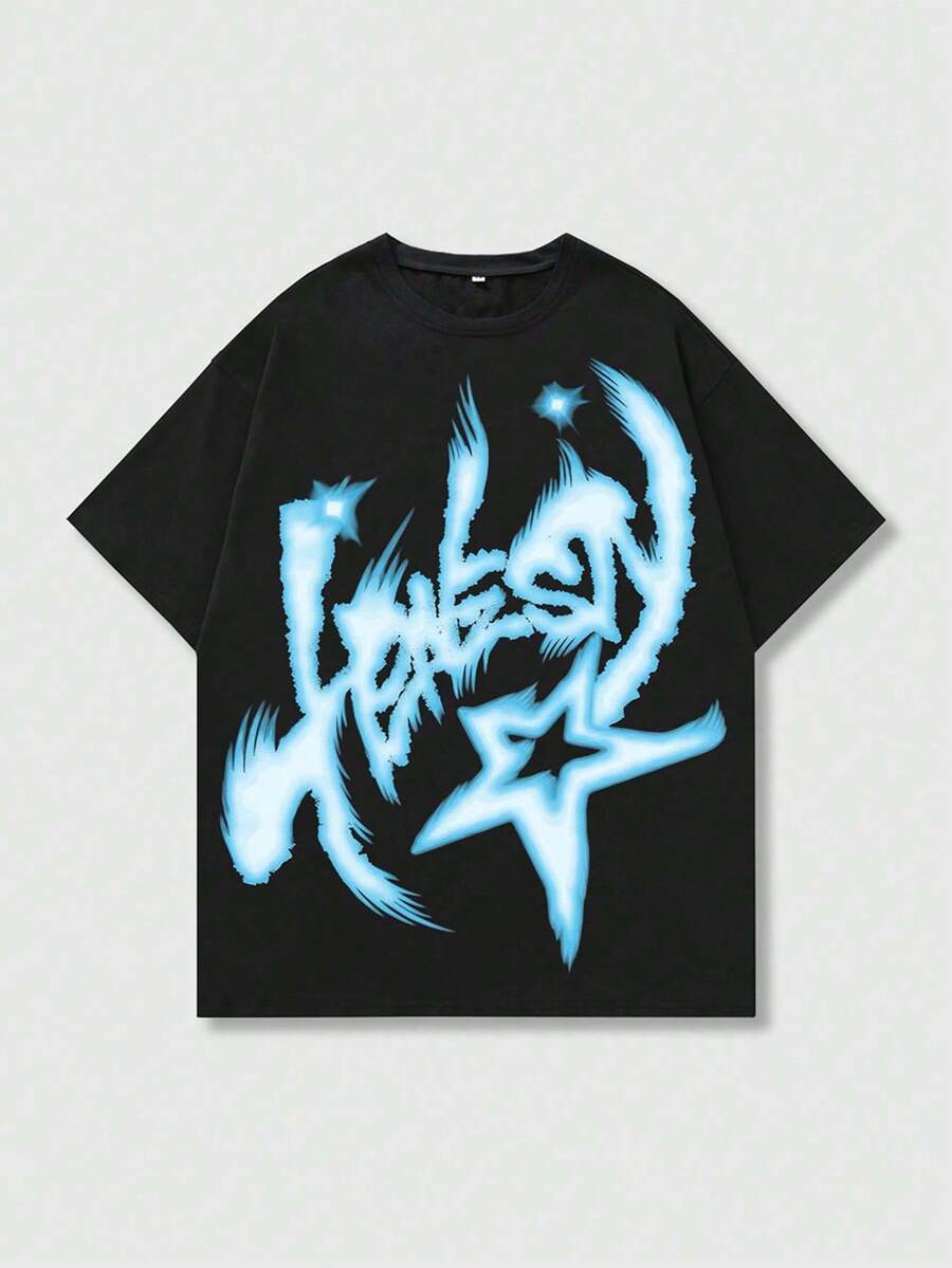 Camiseta de manga corta negra, diseño de letras artísticas azules y estrellas - Negro - Ver 1