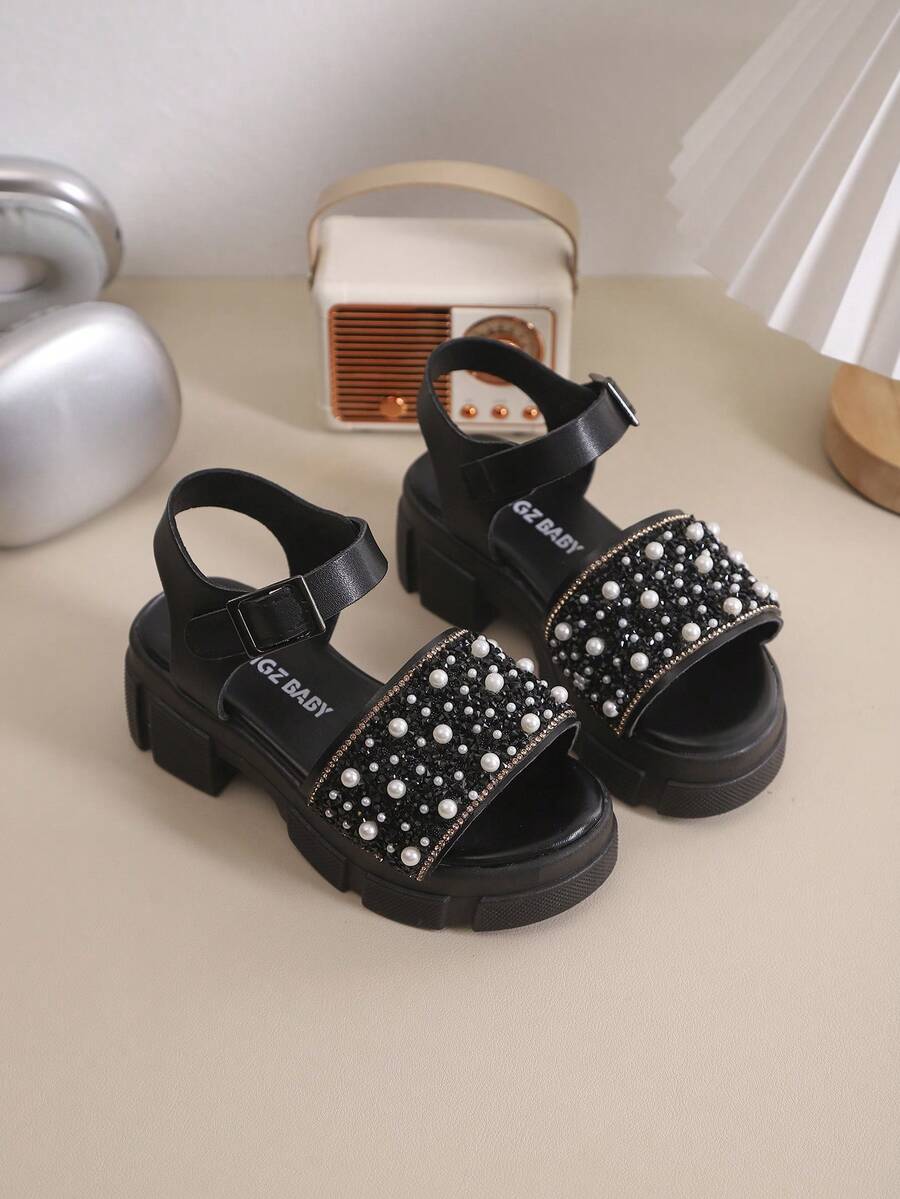 1 Pair Girls' Outdoor Sandals, New Summer Round Toe Patch Design, Shiny Thick Non-Slip Durable Sole, Fashionable Children's Roman Sandals - Black - View 1