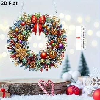2D 平面圣诞花环钻石画吊坠，DIY 钻石画套装 - 不对称形状圣诞花环亚克力吊坠，钻石画装饰吊坠，手工礼物，适用于家庭、花园、门和墙壁装饰艺术