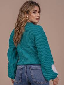 Heart Blouse With Fur Knit Wool Fang Puff Sleeve Women's Oversize Winter Cold Laffy Knit - 綠色與白色 - 查看 2