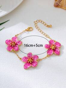 1pc Summer Vacation Style Elegant Rose Red Oil Drop Floral Design Women's Five-Leaf Flower Bracelet, Wedding Gift - Hot Pink - View 5